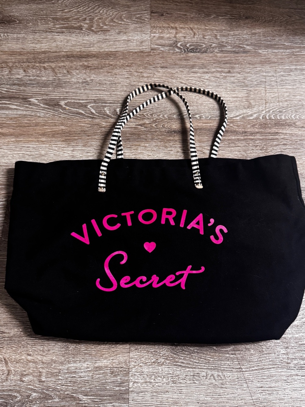 Vintage Victoria's Secret Black Tote Pink Logo and Striped Handle Hard to Find